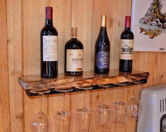 Live Edge Wine Rack Shelf, Solid Maple Wall Mounted Bar Shelf, Rustic Wine Glass Holder, Home Bar Decor, Gift for Wine Lovers