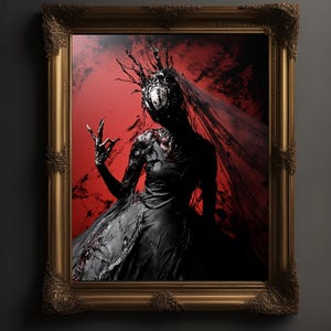 May include: A framed painting of a figure in a black gown and veil, with a crown of thorns on their head. The figure is standing against a red background.