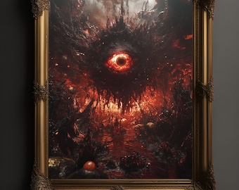 May include: A framed painting depicting a large, red eye surrounded by a swirling, dark red and black mass. The eye is the focal point of the painting, and it appears to be staring directly at the viewer. The background of the painting is a dark, chaotic scene with a sense of depth and movement.