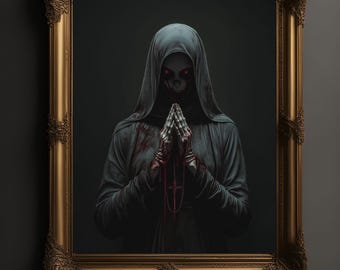 May include: A painting in a gold frame depicts a woman in a dark hooded robe with blood on her hands and face. She is praying with her hands clasped together. The background is dark.