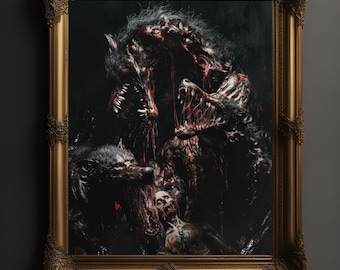 Puede incluir: Una pintura enmarcada que representa una escena espeluznante de múltiples criaturas parecidas a lobos con dientes afilados y pelaje sangriento, devorando una figura humana.