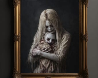 May include: A framed painting of a woman with long white hair holding a baby doll. The woman and doll are both pale and have a ghostly appearance. The painting is set against a dark background.
