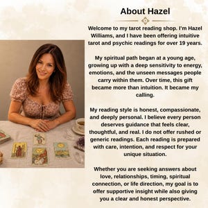 May include: A woman sits at a table with tarot cards, a teacup, and crystals. The text above reads "About Hazel" and describes her tarot reading shop, offering intuitive readings for over 19 years. The woman is wearing a floral top.