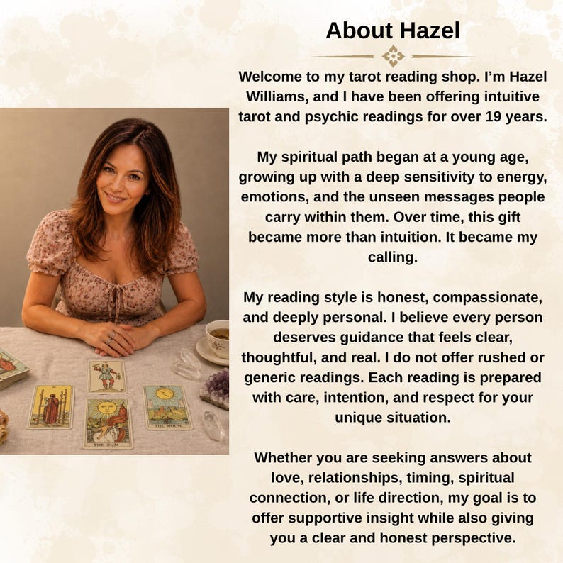 May include: A woman sits at a table with tarot cards, a teacup, and crystals. The text above reads "About Hazel" and describes her tarot reading shop, offering intuitive readings for over 19 years. The woman is wearing a floral top.