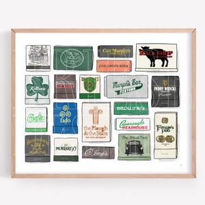 May include: A framed print featuring a collection of vintage matchbox designs. Each matchbox has a unique design, including text and illustrations of pubs and restaurants. The color palette includes green, black, white, and brown.