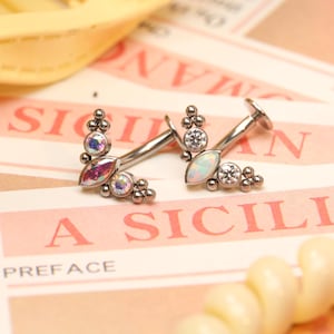 Puede incluir: Dos piezas de joyería corporal plateadas con un diseño curvo. Cada pieza tiene una pequeña barra con una bola en un extremo y un grupo de gemas transparentes e iridiscentes en el otro extremo. Las gemas están dispuestas en forma de media luna.