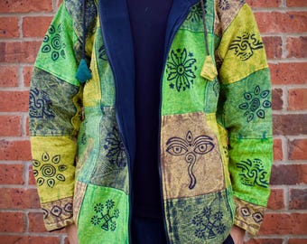 Unisex Fleece Gefüttert Patchwork Hoodie: Handgemacht in Nepal
