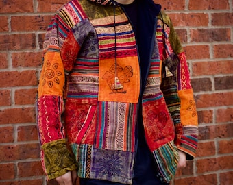Unisex Patchwork Fleece Jacke: Handgemachter Hippie Boho Hoodie