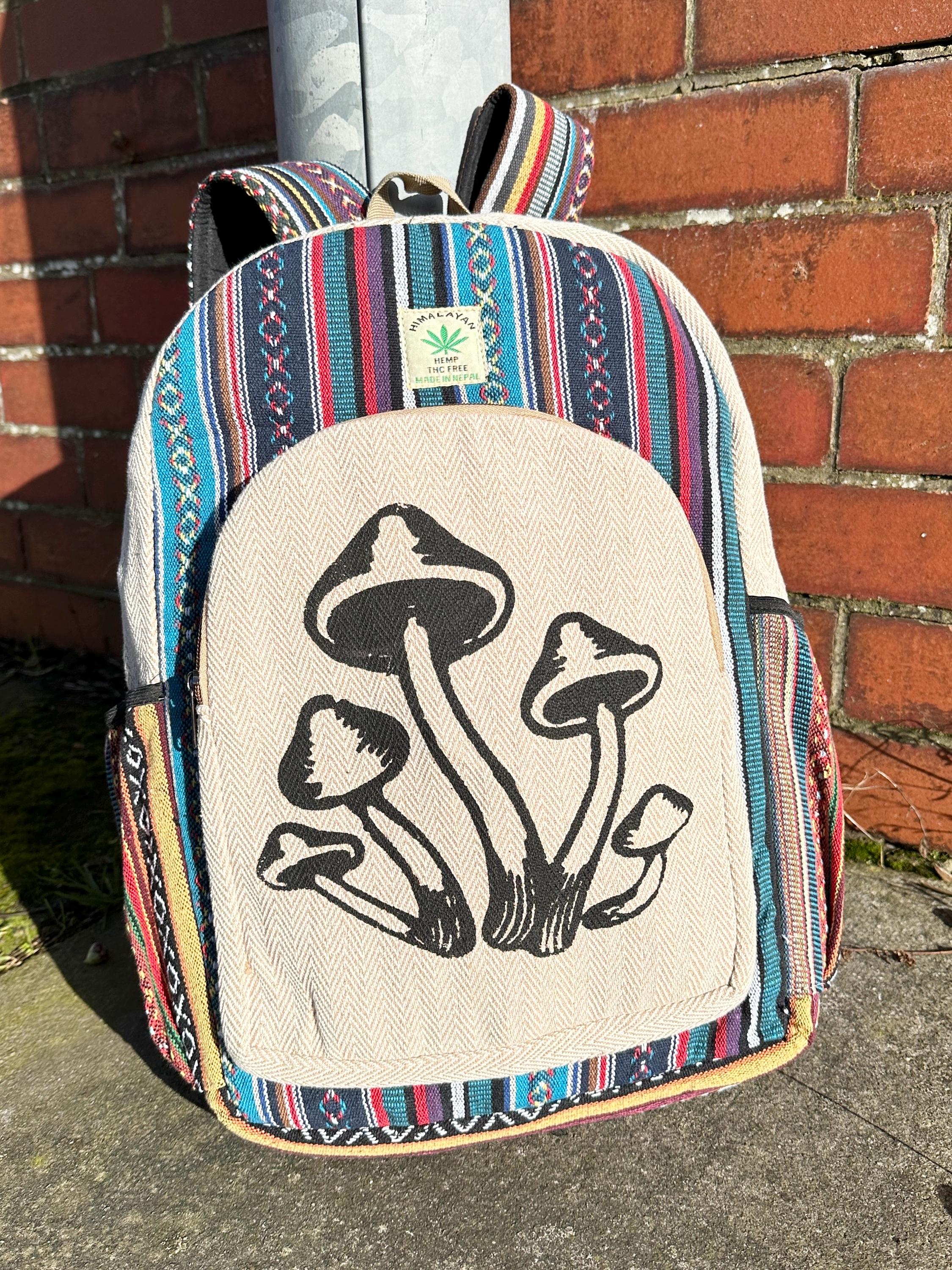 Large Mushroom Striped Backpack Travel School Bag Himalayan Hemp Cotton Neutral Mushroom Embroidered Himalayan Hemp Backpack: Nepal Travel  main image 2