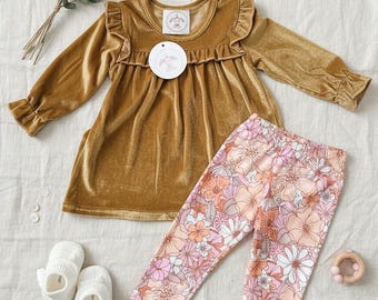 Mustard Velour Baby Girl Ruffle Dress and floral legging set Autumn Baby Gift toddler Outfit Boutique