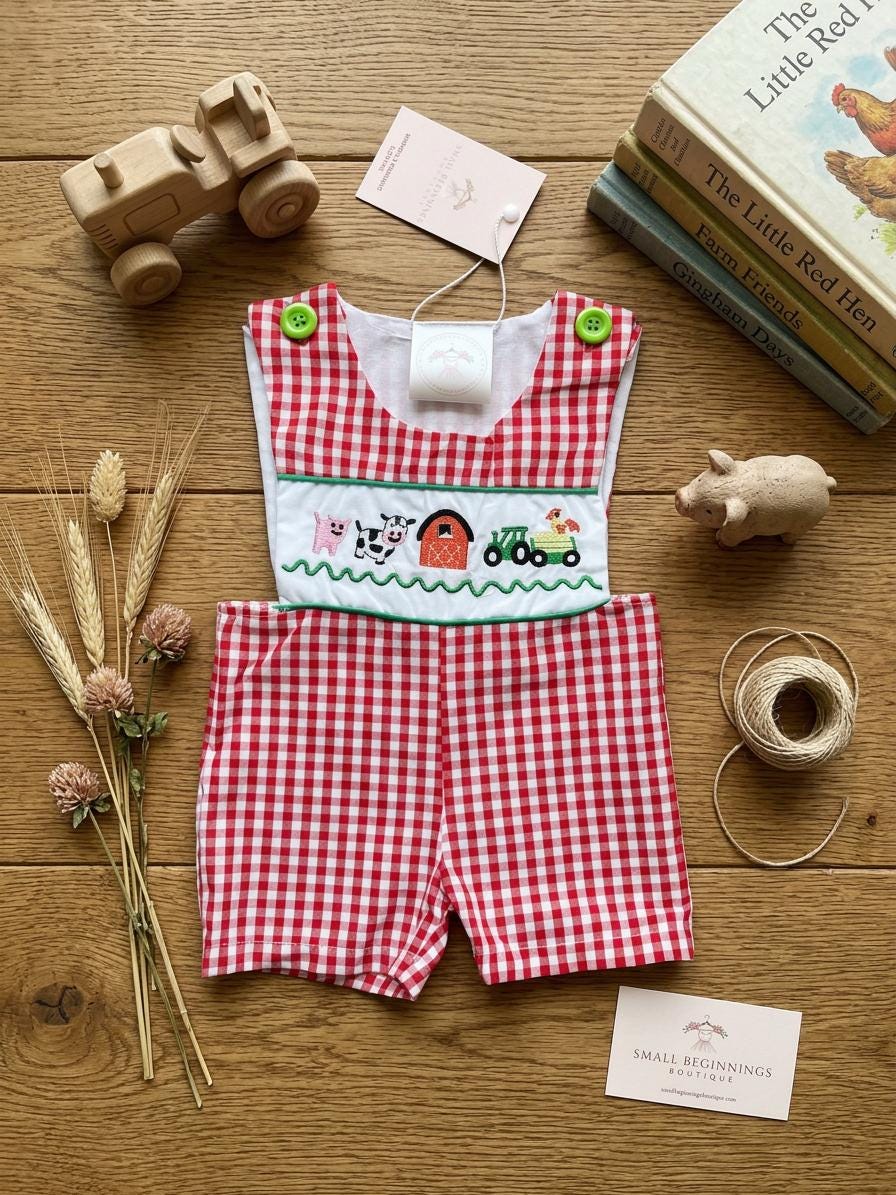 Farm Animal Baby Boy Jon Jon * Red Gingham Embroidered Romper * Classic Southern Toddler Outfit, Barnyard Birthday, Old MacDonald Baby Gift