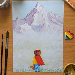 L&#39;eroe delle vette - Acquerello bambino e montagna - Stampa artistica - Decorazione, cameretta, biglietto di auguri, compleanno neonato