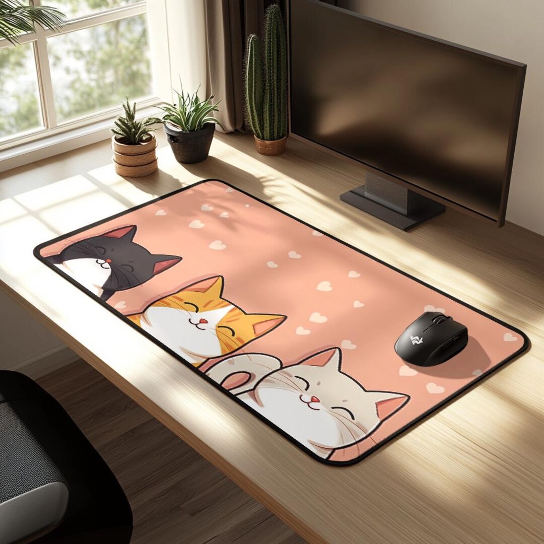 Kawaii Beige Lofi Pastel Cat Desk Mat, Cute Cat Mouse Pad, Cute Desk Accessories, Desk Decor