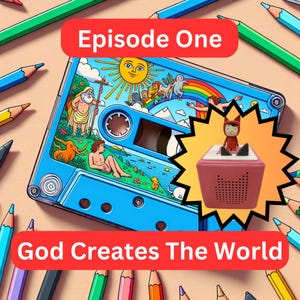 May include: A blue cassette tape with a colorful illustration of a sun, rainbow, and people. The text "Episode One" is on a red banner above the tape. Below the tape is a red banner with the text "God Creates The World". A small pink speaker with a cat face on it is in the corner of the image.