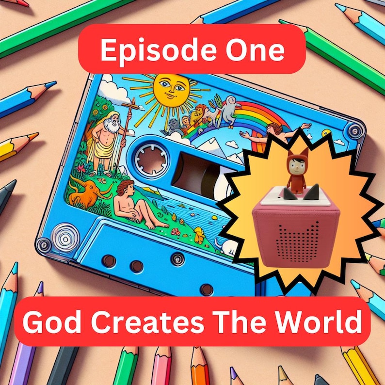 May include: A blue cassette tape with a colorful illustration of a sun, rainbow, and people. The text "Episode One" is on a red banner above the tape. Below the tape is a red banner with the text "God Creates The World". A small pink speaker with a cat face on it is in the corner of the image.