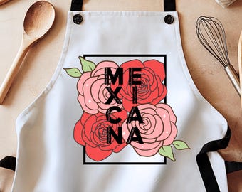 May include: White apron with black straps and a black square design featuring the word "MEXICANA" in black letters and pink and red roses.