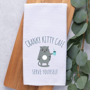 Hostess gift for women, cat kitchen towels, baking tea towels, cute aesthetic kitchen towels, kitty biscuits, cranky kitty cafe tea towel