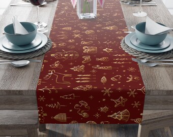 Christmas table runner, holiday table runner, Christmas decor indoor, Christmas tree, winter decor, hostess gift, gold table runner, kitchen