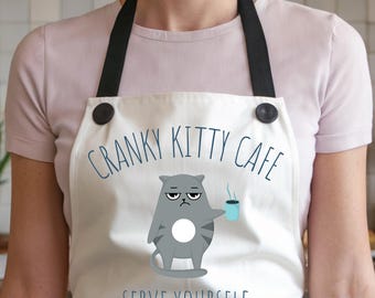 Cat aprons, funny aprons, cute apron, cranky kitty cafe serve yourself, cat gift, baking lover gifts, housewife apron, aprons for women