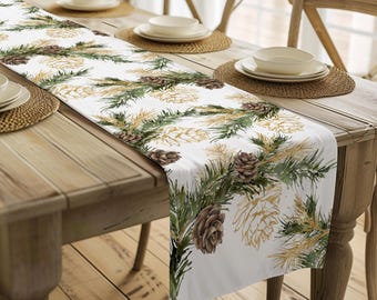 Christmas table runner, holiday table runner, Christmas decor indoor, Christmas tree, winter decor, hostess gift, gold table runner, kitchen