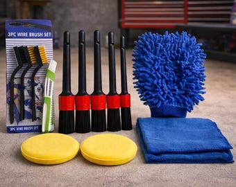 13pc Reusable Car Detailing Kit: Microfiber Towels, Brushes & Polishing Pads