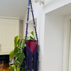 Large Plant hanger with disco balls and fringe in purple