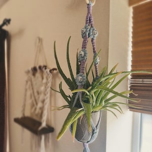 Macrame Plant Hanger: Lilac & Light Blue Flower Disco Ball Pot Holder