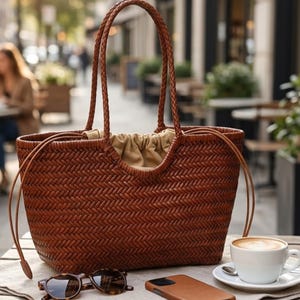 May include: A brown woven leather tote bag with braided handles and a beige drawstring fabric interior lining. The bag features a herringbone pattern throughout the exterior and is positioned on a table with sunglasses and a coffee cup.