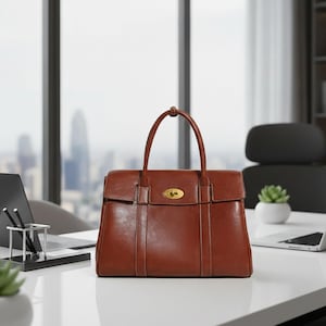 May include: A brown leather satchel bag with a top handle and a gold clasp. The bag has a rectangular shape with a flap closure. It is on a white desk, with a city view visible through a window in the background.