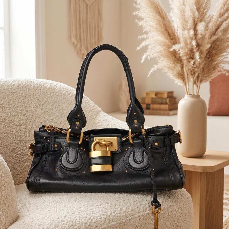 Premium vegan leather handbag with vintage inspired lock detail and soft texture