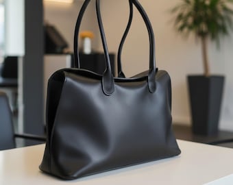 May include: A solid black tote bag with a smooth, matte finish, featuring two long, slender shoulder straps attached to the top. The bag has a structured rectangular base and open sides that curve inward toward the top opening.