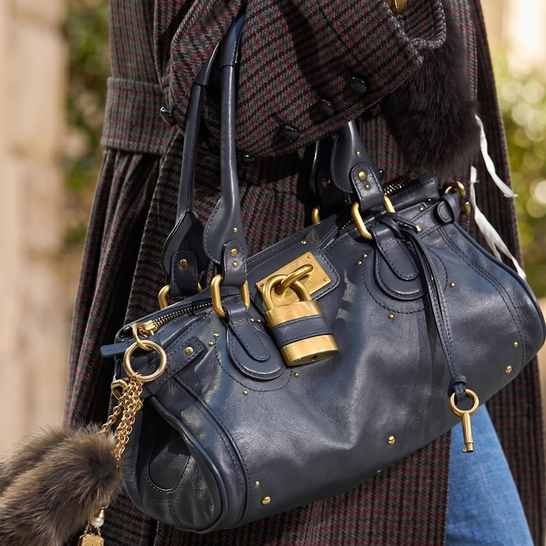 Luxury navy blue vegan leather top handle bag, spacious everyday tote for women