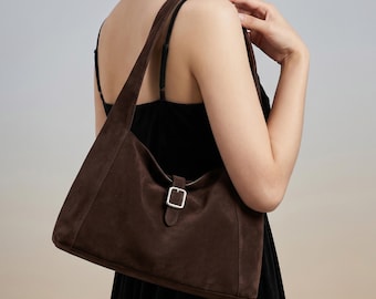 Faux Suede PU Shoulder Bag for Women, Slouchy Hobo Bag, Minimalist Crossbody Purse, Everyday Tote