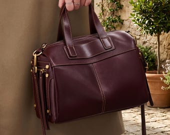 Top Grain Leather Boston Bag - Vintage Structured Satchel with Interchangeable Wide and Slim Straps, Elegant Top Handle Handbag for Women