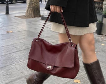 Slouchy Shoulder Bag / Wine Burgundy Pebbled Leather Handbag / Everyday Purse / Full Grain Leather Bag
