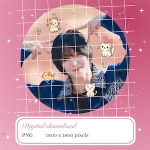 May include: A digital illustration of a person with dark hair wearing a blue denim jacket with a white and black striped pattern. The person is making a heart shape with their hands. There are several cartoon cats in the image, including a white cat with a pink nose and a brown cat with a pink nose. The background is a pink grid with white stars.