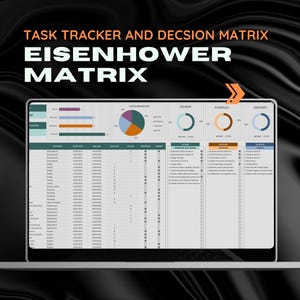 Può includere: Uno schermo di laptop che mostra un foglio di calcolo con un tracker di attività e una matrice decisionale che utilizza la matrice di Eisenhower. Il foglio di calcolo include un grafico a torta, tre grafici ad anello e un elenco di attività classificate come Do Now, Schedule e Delegate.
