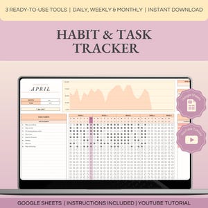 Può includere: Uno schermo di laptop che mostra un foglio di calcolo di Google Sheets con un tracker di abitudini e attività per il mese di aprile. Il foglio di calcolo include una vista giornaliera, settimanale e mensile. Il foglio di calcolo è progettato per aiutare gli utenti a tenere traccia dei loro progressi verso i loro obiettivi.