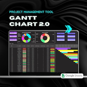 Può includere: Uno schermo di laptop che mostra un foglio di calcolo di Google Sheets con un diagramma di Gantt, grafici a torta e il testo "PROJECT MANAGEMENT TOOL GANTT CHART 2.0". Il foglio di calcolo è intitolato "Gantt Chart 2.0" e include un grafico a torta "Category Breakdown" e un grafico a torta "Status Overall".