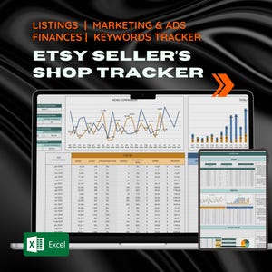 Può includere: Uno schermo di computer portatile che mostra un foglio di calcolo Excel con grafici e diagrammi. Il foglio di calcolo è intitolato "Etsy Seller's Shop Tracker" e include dati su elenchi, marketing, finanze e parole chiave. Il foglio di calcolo è in uno schema di colori blu chiaro e bianco.