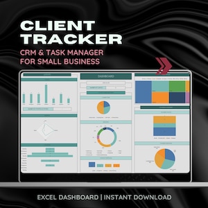 Può includere: Uno schermo di laptop che mostra un dashboard Excel colorato intitolato "Client Tracker: CRM & Task Manager for Small Business". Il dashboard include grafici, diagrammi e tabelle con dati relativi a clienti e attività.
