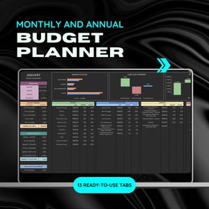 Può includere: Uno schermo di computer che mostra un pianificatore di budget con il testo "MONTHLY AND ANNUAL BUDGET PLANNER" nella parte superiore. Lo schermo mostra un foglio di calcolo con colonne per il budget e le entrate e le spese effettive, nonché un riepilogo del flusso di cassa. Il foglio di calcolo è etichettato come "JANUARY". Lo schermo mostra anche il testo "13 READY-TO-USE TABS".