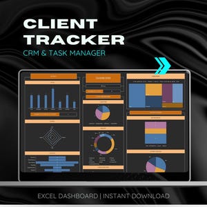 Può includere: Un laptop che mostra una dashboard di Excel con visualizzazioni di dati. Lo schermo mostra grafici e tabelle di dati in tonalità di blu, arancione e viola. Il testo in alto recita "CLIENT TRACKER CRM & TASK MANAGER". Il testo in basso dice "EXCEL DASHBOARD | INSTANT DOWNLOAD".