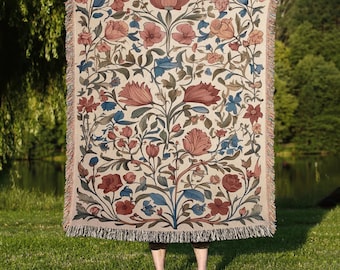 Scandinavian Floral Woven Throw Blanket: Nordic Folk Art Decor