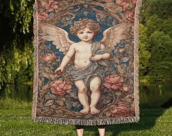 Woven Cherub Blanket: Cotton Tapestry Throw, Boho Angel Decor