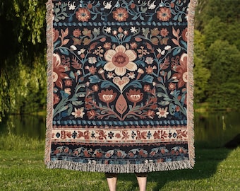 Scandinavian Floral Woven Cotton Blanket: Cottagecore Home Decor