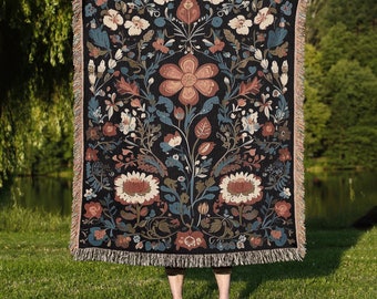 Scandinavian Floral Woven Blanket: Nordic Folk Art Tapestry