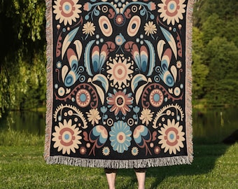 Folk Art Woven Cotton Blanket: Cottagecore Tapestry with Fringe