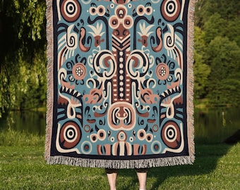 Folk Art Woven Cotton Blanket: Cottagecore Tapestry with Fringe