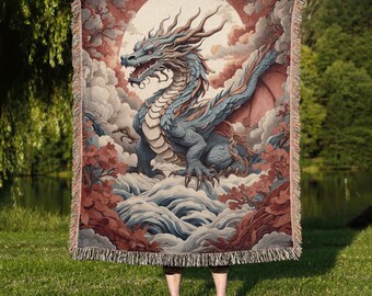 Woven Dragon Throw Blanket: Cotton Dragon Lover Gift